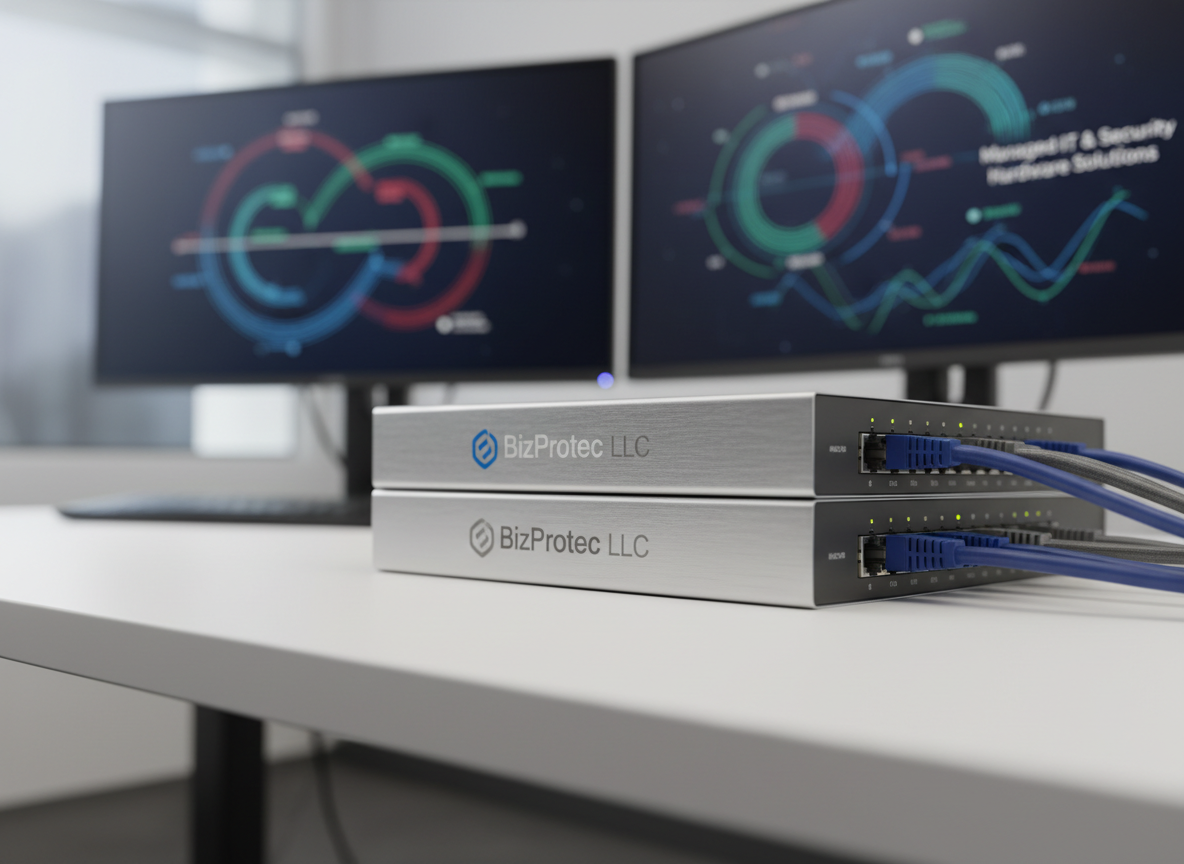 A close-up of a brushed aluminum business-class firewall and router stack placed on a clean white desk, network cables in coordinated blue and gray colors plugged into labeled ports. Behind it, dual flat-panel monitors display abstract dashboards of system health and security graphs, softly blurred to avoid specific text. Soft studio lighting from the left creates gentle highlights along the metal edges and subtle shadows across the desk surface. The mood is calm, controlled, and highly professional. Photographic realism, shot from a low, slightly angled perspective with shallow depth of field, highlighting the reliability and sophistication of BizProtec LLC’s managed IT and security hardware solutions.