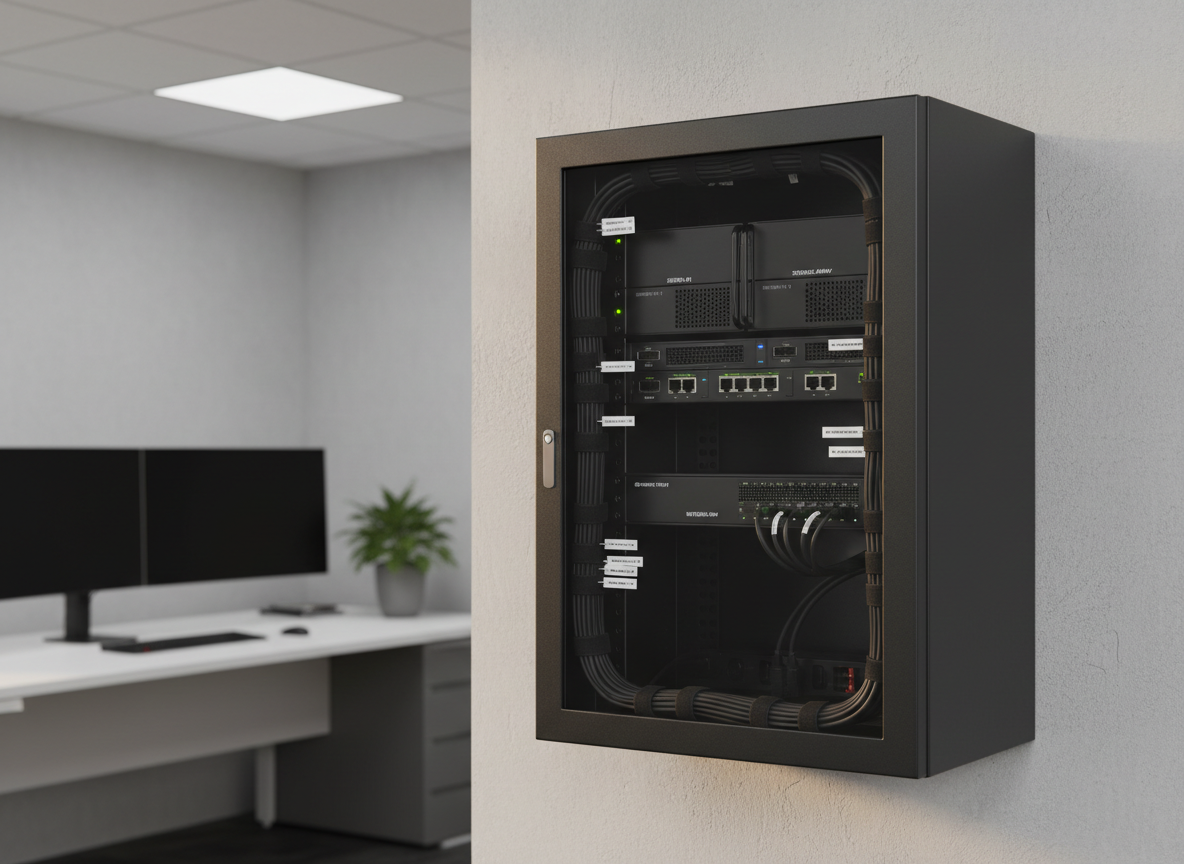 An immaculate small-business server and storage setup inside a compact, wall-mounted rack cabinet with a transparent smoked-glass door, showing tidy cable management and clearly labeled equipment. The cabinet is mounted against a light gray office wall, with a minimalist backdrop of a clean workspace and a few blurred technology elements in the distance. Neutral, diffused overhead lighting combines with a soft side light to reveal textures of matte black metal and structured cable sleeves. Photographic realism, composed using the rule of thirds at a slight three-quarter angle, conveying efficiency, organization, and the peace of mind that comes from professionally managed IT infrastructure.
